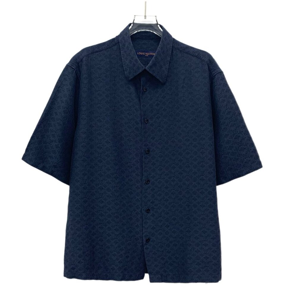 LOUIS VUITTON Mens Monogram Short Sleeve Button Down Shirt Size M Navy Blue Made